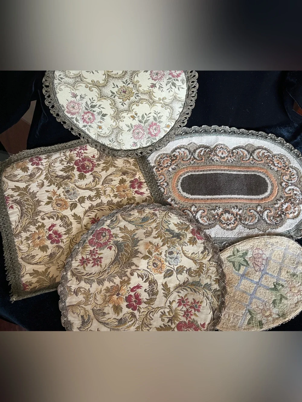 Lot of 5 Vintage 50s European Tapestry Dresser Table Doilies Rugs Velvet Back
